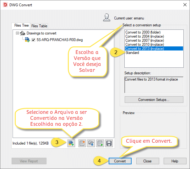 usando o DWG TrueView para salvar DWG em versões anteriores, nele você escolhe qual a versão deseja converter o seu arquivo.