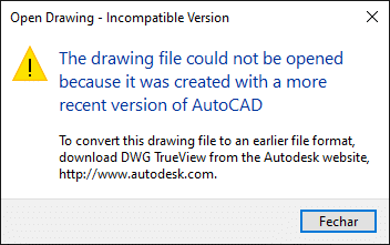Tela de aviso que aparece quando você abre um arquivo do autocad que é mais recente do que a versão que você tem instalada no seu computador.Abrir o desenho - Versão incompatível
Não é possível abrir o arquivo de desenho porque ele foi criado em uma versão mais recente do AutoCAD.