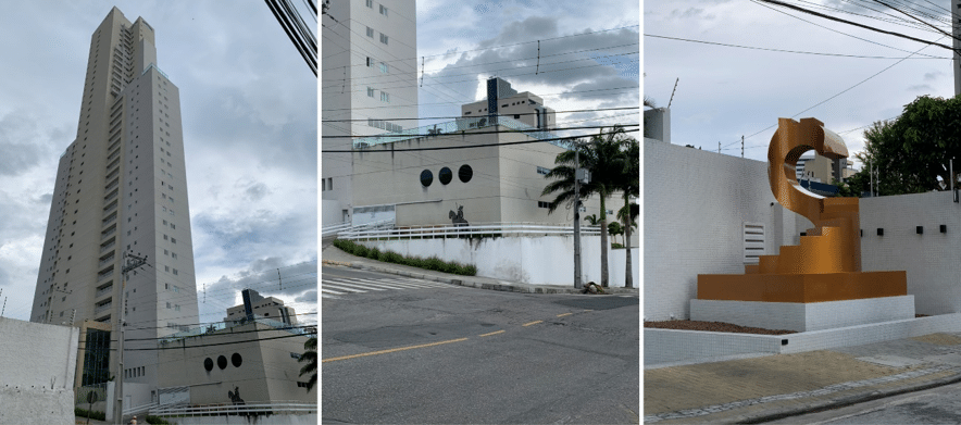 Edifício com elemento artístico desproporcional ao tamanho do empreendimento e acesso restrito. A última foto, da esquerda para a direita temos uma escultura com acesso público. Em Campina Grande (PB). Fotos do autor.