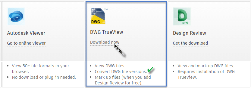 Para baixar o True View é só clicar no link Download noe e nele é possível salvar DWG em versões anteriores e converter o arquivo.
