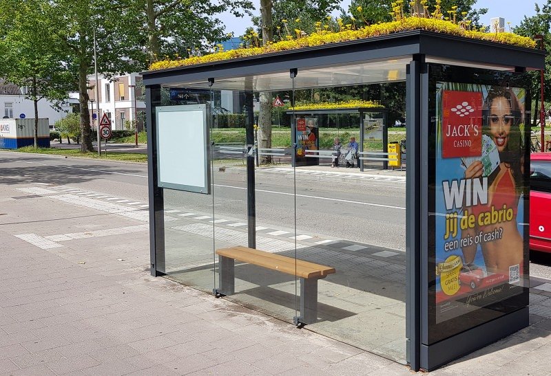 Parada de ônibus com cobertura verde que fornecem habitat para abelhas, borboletas, escaravelhos e aves.