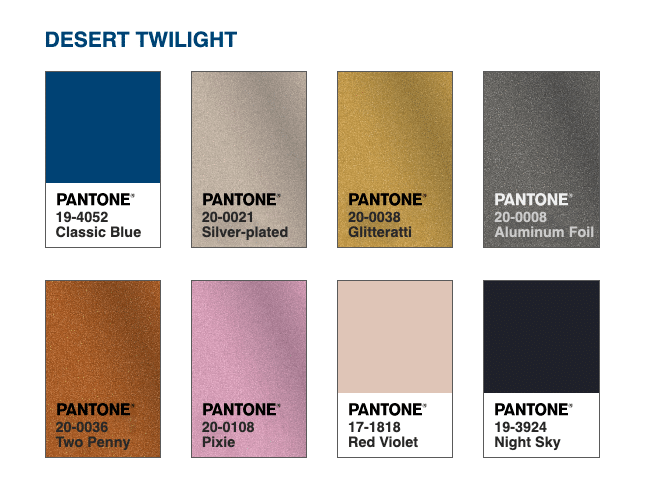 Lembrando o céu ao anoitecer, o ilimitado PANTONE Classic Blue 19-4052 cria um cenário elegante com esta seleção metálica de tons sofisticados que se pintam no céu, provocando um brilho iluminado como um crepúsculo no deserto, Desert Twilight.