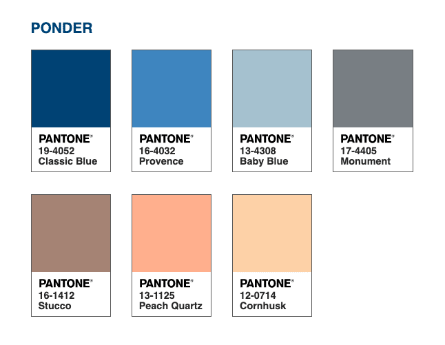 Cercado por uma paleta de azuis frios e uma variedade de tons quentes e suaves, PANTONE 19-4052 Classic Blue, um tom meditativo e empático para o espírito humano, provoca um efeito suave e calmante, trazendo sentimentos de tranqüilidade.